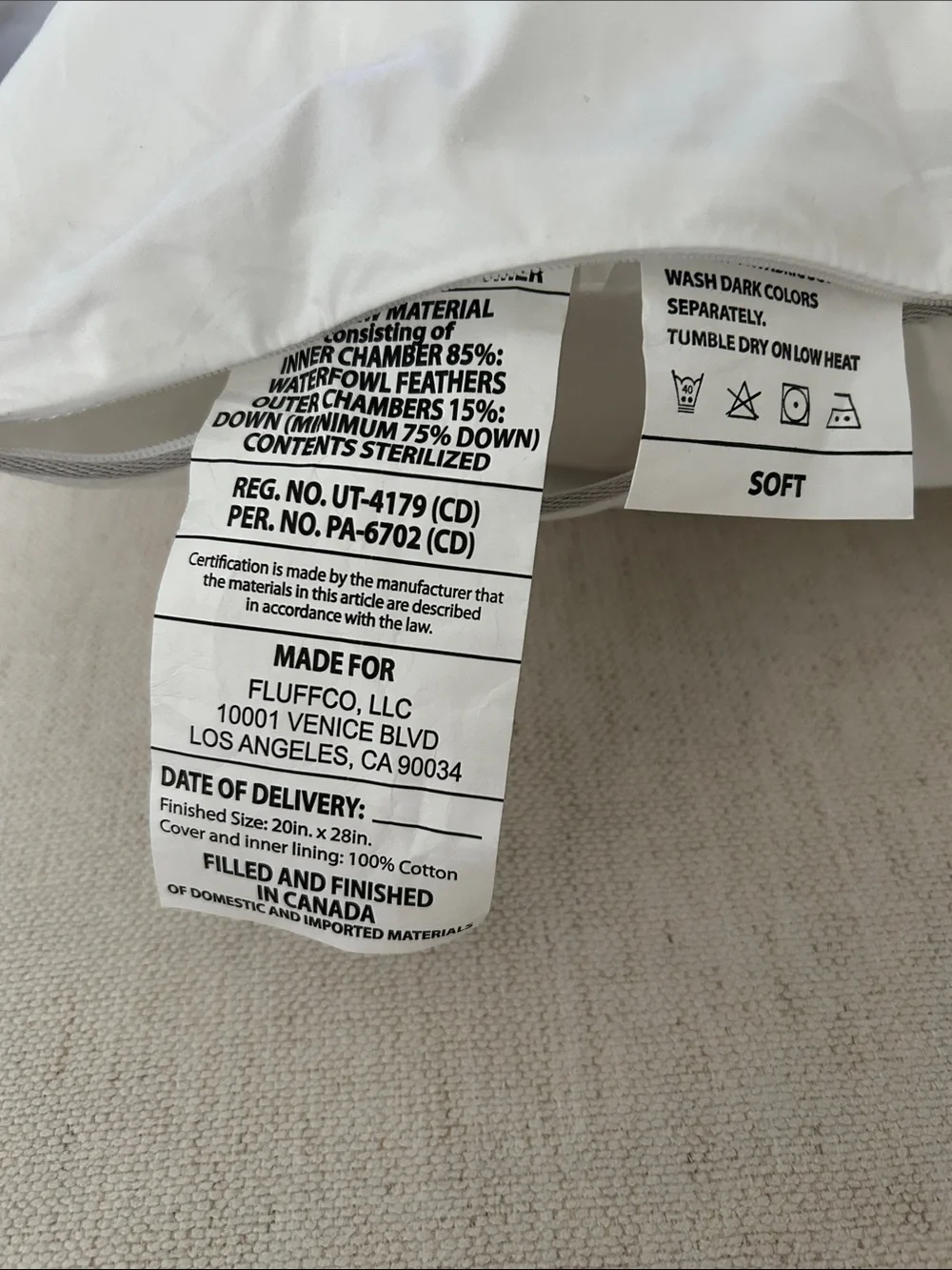 Fluff Co Down & Feather Classic Hotel Pillow, Standard Size, SOFT, New open box